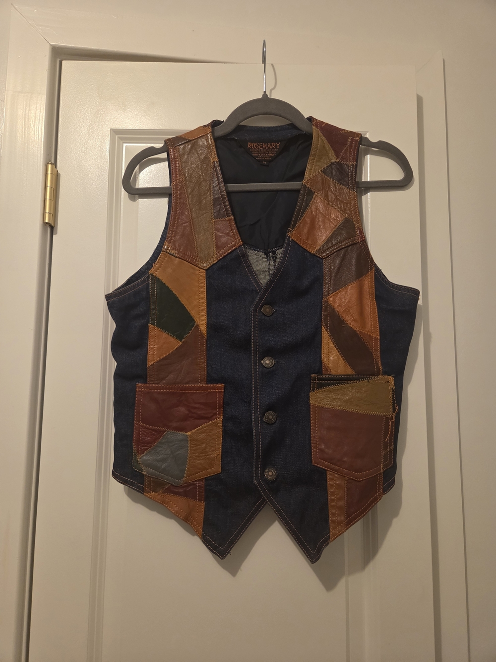 "Vintage 70s Rosemary Patchwork Leather Denim Vest - Boho Western"